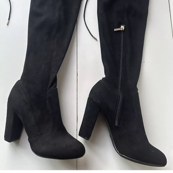 Bamboo Women Black Over Knee Heeled Boots block Heels With Straps Size 9 Zipper - Picture 10 of 10